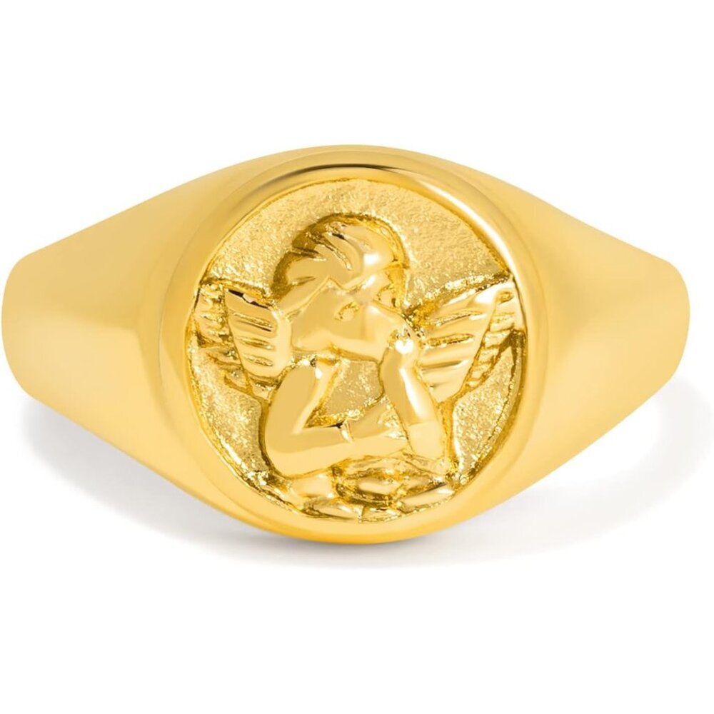 Gold Chunky Signet Stackable Pinky Ring for Women Men, Guardian Angel Cherub, Ta